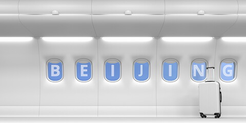 Beijing text written on a commercial plane windows, 3d rendering
