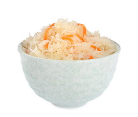 Bowl of tasty sauerkraut with carrot on white background