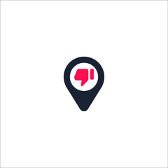 Thumb down icon on map pin. Location pointer isolated on a white background. Conceptual vector illustration.