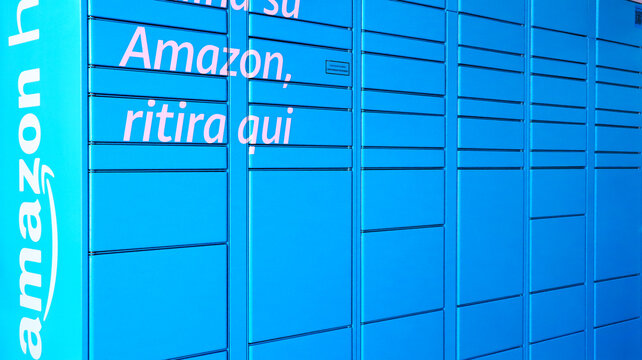 Italy &ndash; April 8, 2022: AMAZON Hub Locker. Amazon is an American Multinational Technology Company of e-commerce