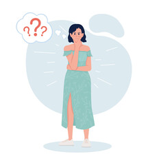 Doubtful lady 2D vector isolated illustration. Questioning and pensive flat character on cartoon background. Uncertain woman scowls colourful scene for mobile, website, presentation