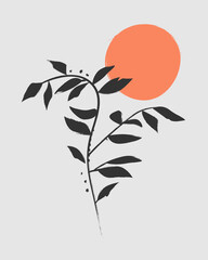 Chinese Brush Vector Illustration - Branch Sun Nature Leaf Sunset