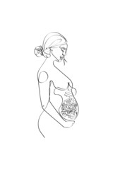Pregnant woman with flowers. Female body one line art. Flower woman. Black outline vector illustration on white background. 