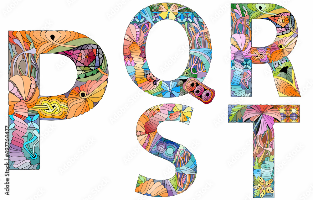 Fototapete vector of hand drawn set of alphabet from p - t in zentangle style