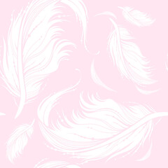 Feather seamless pattern. Decorative ornate white feathers on pale pink background. Monochrome vector illustration for fashion textile, wrapping paper, wallpaper.