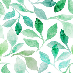 Watercolor seamless pattern. Green hand drawn leaves. Illustration. Post card, print,design. Texture.