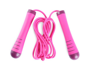 Pink skipping rope isolated on white, top view