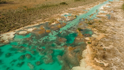 People Riding Kayak in Los Rapidos Lagoon in Bacalar, Mexico. Aerial View