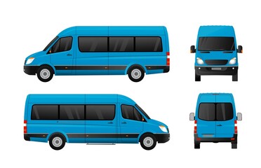 Blue passenger minibus, front, rear, right, left view. Urban transport.
