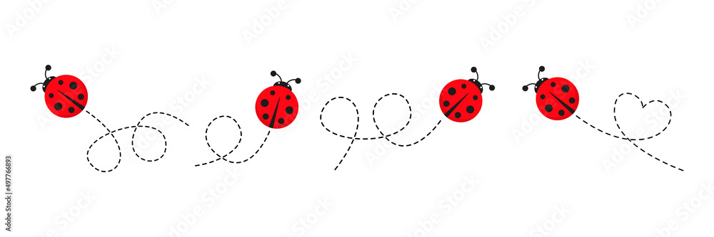 Poster ladybug icon set. ladybirds flying on dotted route. vector isolated on white.