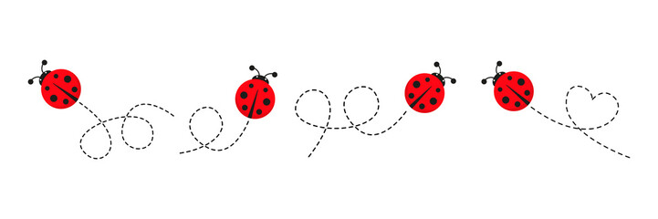 Ladybug icon set. Ladybirds flying on dotted route. Vector isolated on white.