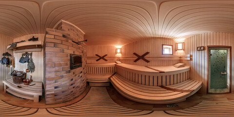 Obraz na płótnie Canvas spherical hdri 360 panorama of interior in rustic wooden Russian bath sauna in equirectangular seamless projection, VR content