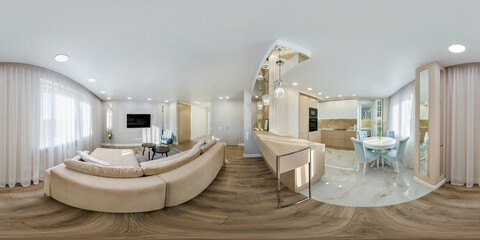 spherical hdri 360 panorama in interior of guest living room hall  with kitchen in studio apartment...