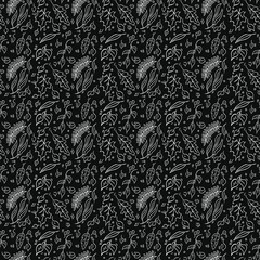 Seamless leaves pattern. Vector pattern with leaves icons on black background. Vintage leaves icons,sweet elements background for your project