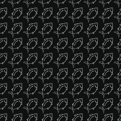 Seamless vector pattern with fish. Doodle vector with fish icons on black background. Vintage fish pattern