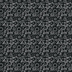 Seamless vector pattern with cosmos icons. Doodle vector with cosmos icons on black background. Vintage space pattern, sweet elements background for your project