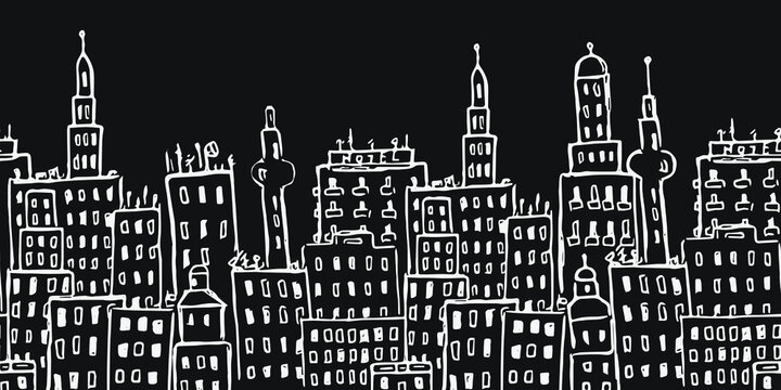 Black horizontal seamless pattern with city buildings	