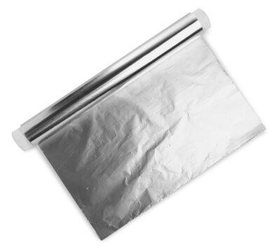 Roll of aluminum foil isolated on white, top view