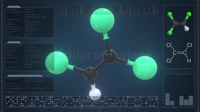 Trichloroethylene molecule with description on the computer screen, loopable 3d animation