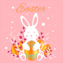 Greeting card for Easter. Drawing of a bunny hugging a decorated Easter egg