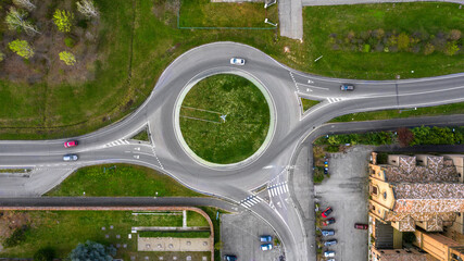 Perpendicular aerial view on a roundabout road junction