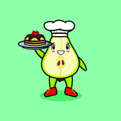 Cute Cartoon chef pear fruit mascot character serving cake on tray cute style design in 3d cartoon style concept