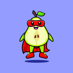 Cute pear fruit superhero character flaying illustration cartoon vector in concept 3d modern style design