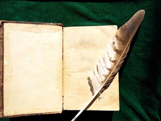 Open the old book and a handle on a green background.