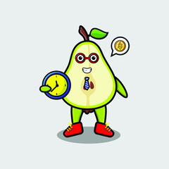 Cute cartoon pear fruit character holding clock with happy expression in concept 3d cartoon style