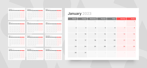 Monthly calendar template for 2023 year. Week Starts on Monday. Wall calendar in a minimalist style.  - obrazy, fototapety, plakaty