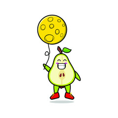 Cute cartoon pear fruit floating with moon balloon cartoon vector illustration in concept 3d cartoon style