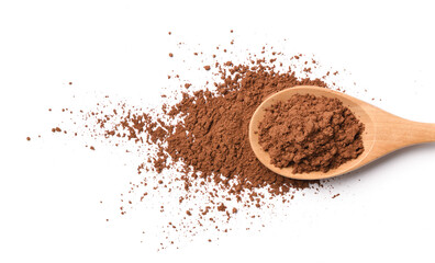 Top view of Cocoa powder in wooden spoon isolated on white background.