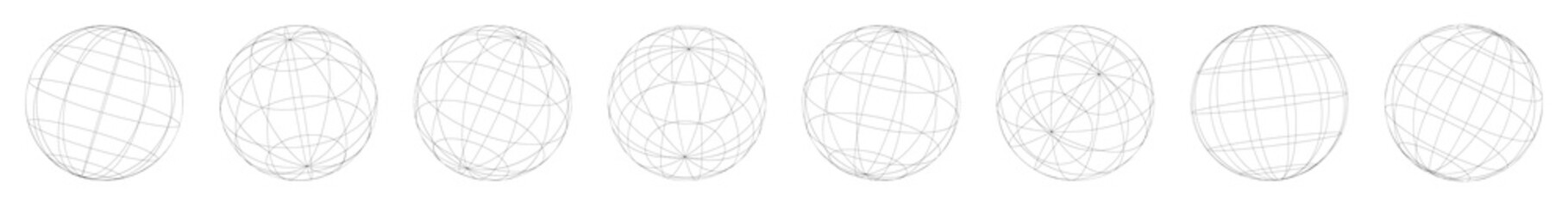 Wireframe, grid, mesh sphere, globe, ball vector illustration set