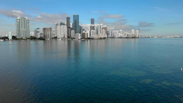 Miami, Florida drone shot from Key Biscayne bridge facing Brickell. 