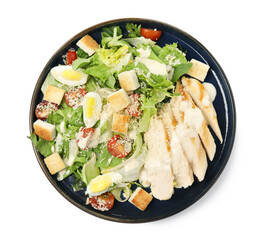Delicious Caesar salad in bowl isolated on white, top view