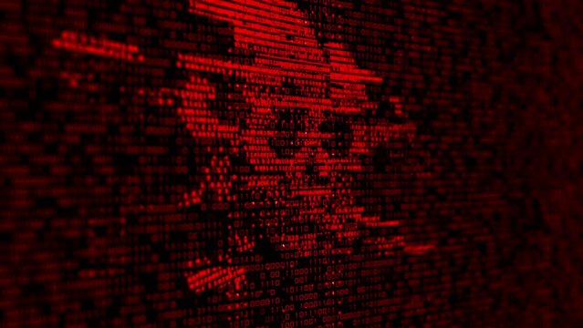 Computer server got attacked with malware by hacker, binary death skull symbol alert screen. Cybersecurity threats. Hacking, breach security system, cybercrime, piracy and digital safety.