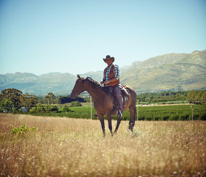 Yeeha. Full-length portrait of a mature man on a horse out in a field.