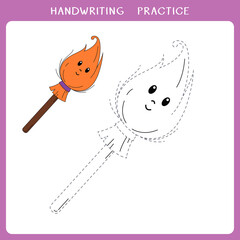 Handwriting practice sheet. Simple educational game for kids. Vector illustration of cute witch broom for coloring book