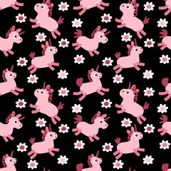 Fototapeta na wymiar Doodle seamless pattern with unicorns and flowers. Perfect for T-shirt, textile and print. Hand drawn illustration for decor and design.