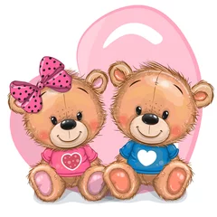 Fotobehang Cute Cartoon Teddy Bears on a heart background © reginast777
