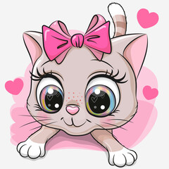 Cartoon Kitten with bow on a pink background
