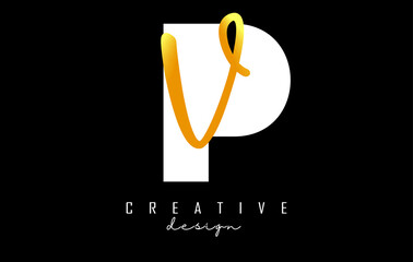 Golden Letters PV Logo with a minimalist design. Letters P and V with geometric and handwritten typography.