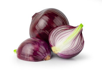 Red whole and sliced onion isolated on white background with Clipping Path.