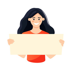 A young woman holding a blank poster with place for text. Hand drawn style vector trendy illustration.