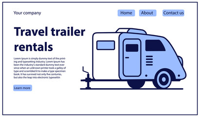 RV camper van travel.Trailer rental website banner concept..Vector flat illustration. Campervan rental related business.