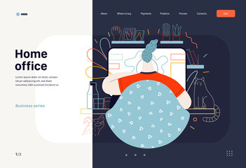 Technology Memphis -Home Office, modern flat vector concept digital illustration home office metaphor, a freelancer guy working at home with pets and plants. Creative landing web page illustration