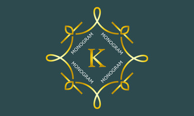 Gold logo emblem on a dark green background with the letter K. Simple monogram (sign, symbol, ornament)