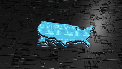 Futuristic  America technologically advances into the future. Futuristic Digital Map of US. 3D rendering