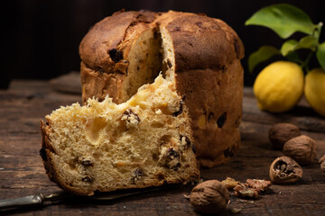 Homemade Christmas Even Panettone on a rustic wooden table
