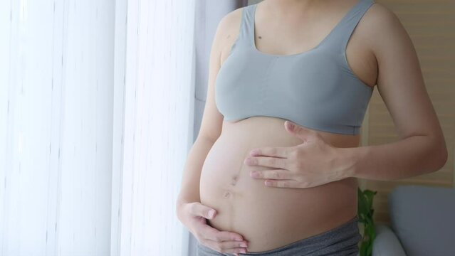 Young beautiful pregnant woman at home, maternity and pregnancy care concept
